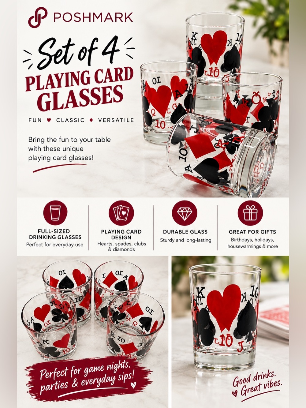 ♣️ Vintage Mid-Century Poker Card Suits Lowball Glasses - Set of 4